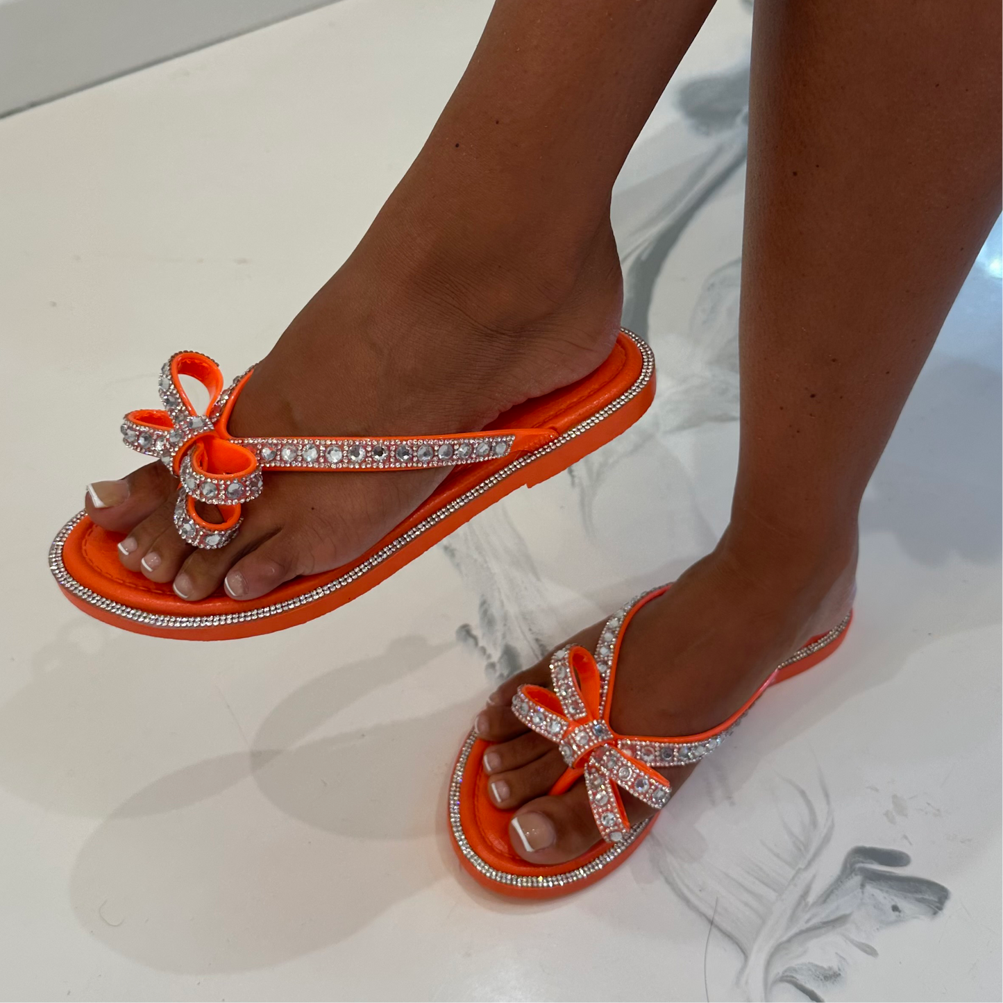 Rochelle - Orange Diamanté Bow Flat Flip Flop Sandals