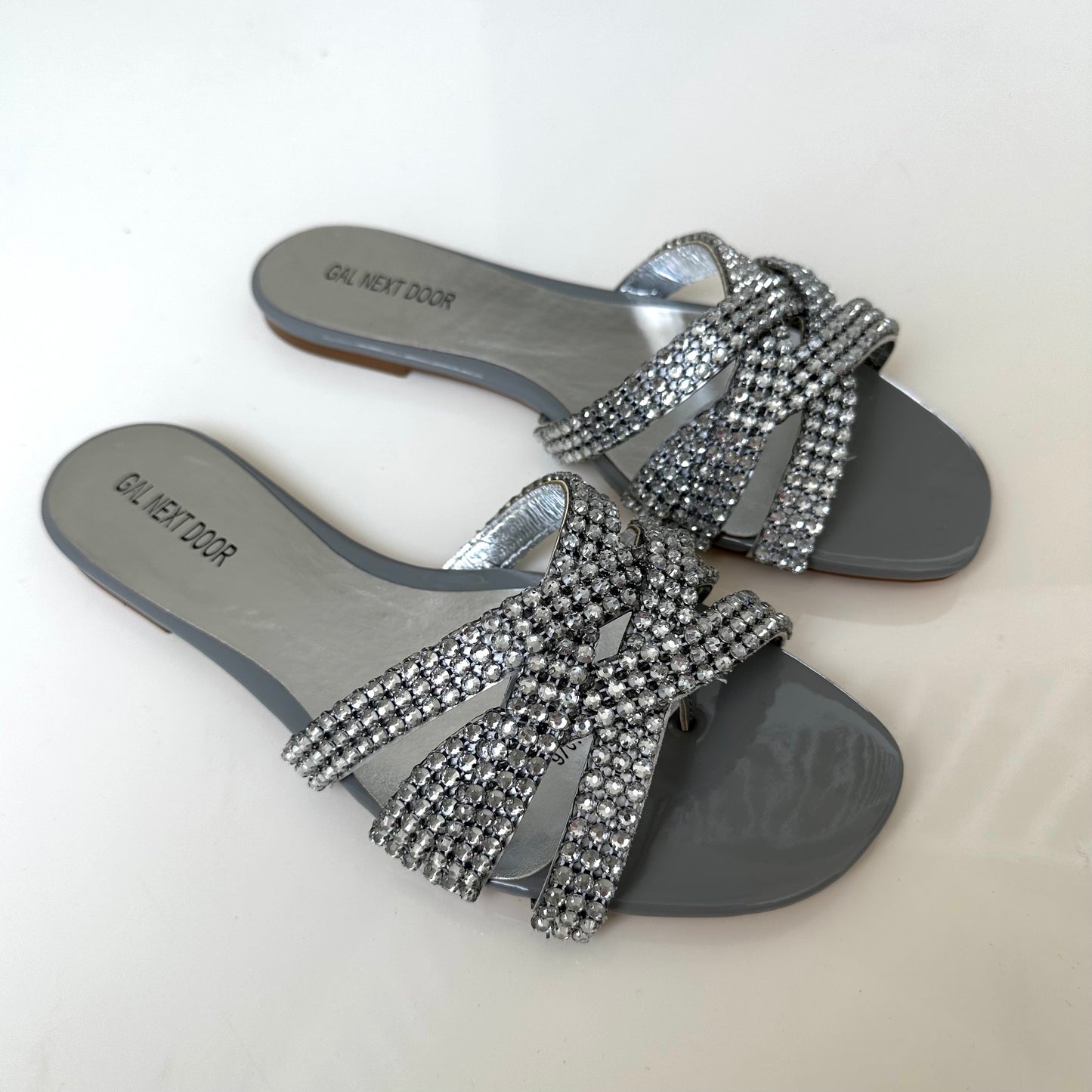 Sea - Grey with Silver Crossover Diamante Detail Slip On Sandals my