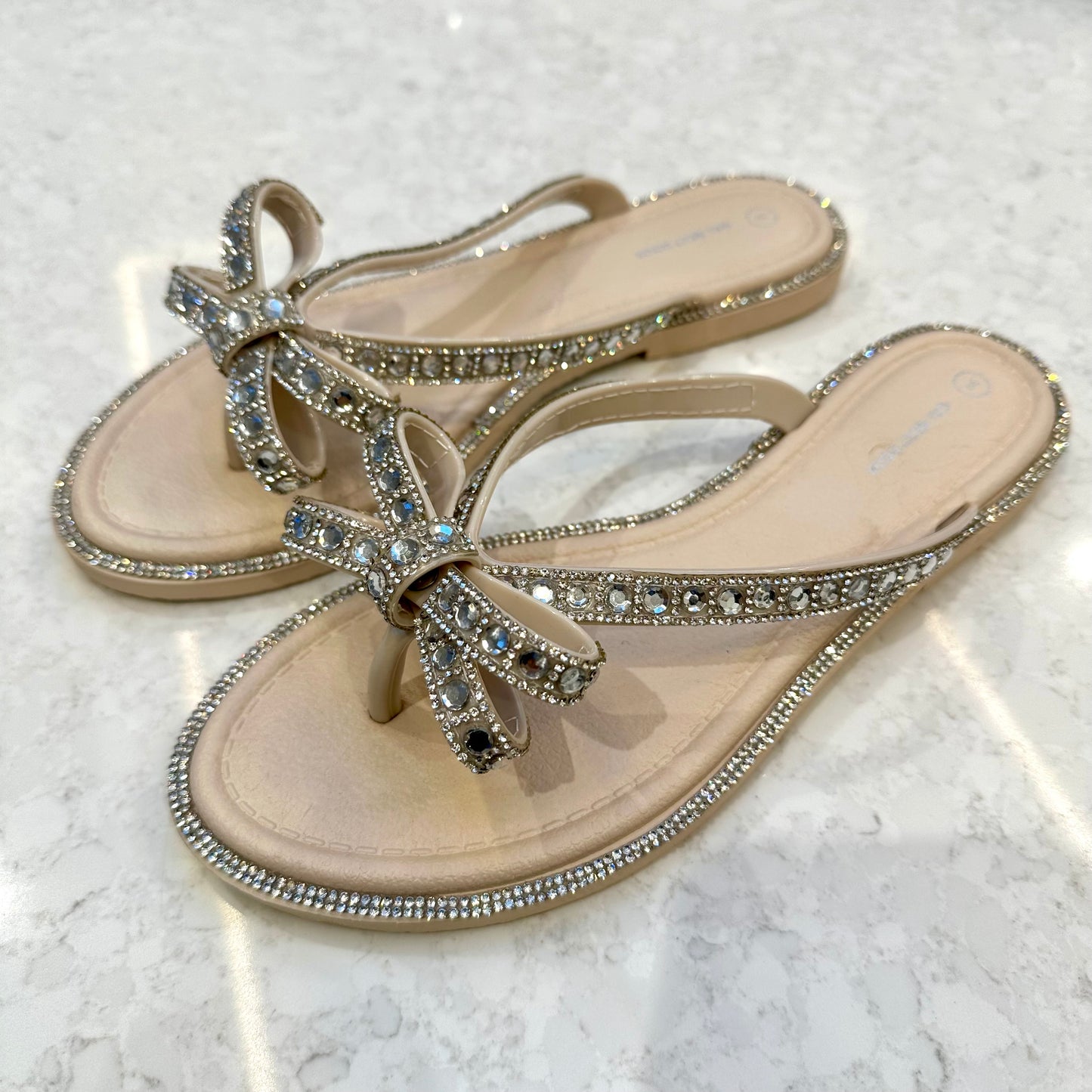 Rochelle - Nude Diamanté Bow Flat Flip Flop Sandals
