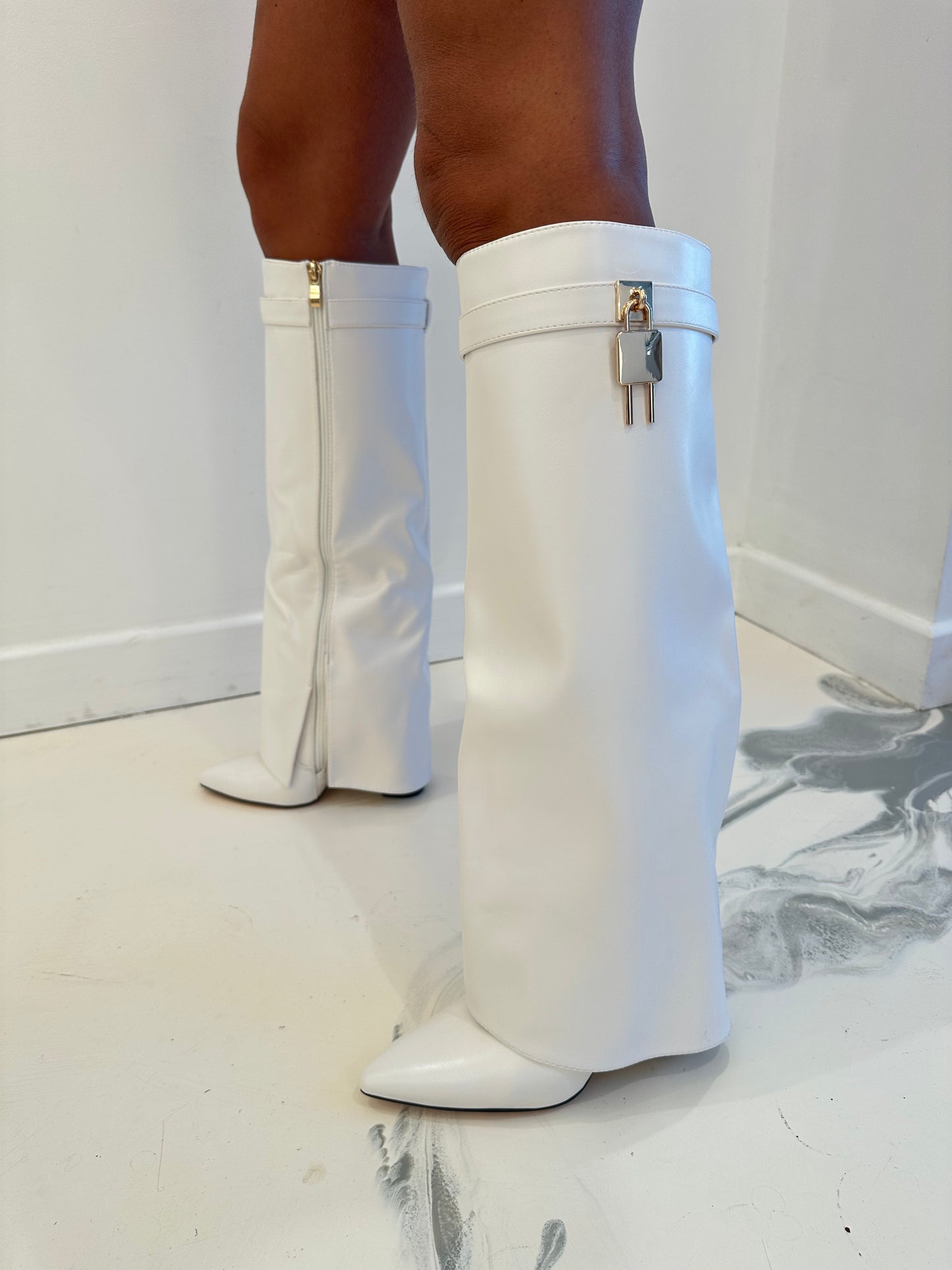 Elisha - White Faux Leather Lock Detail Knee High Block Heel Boots