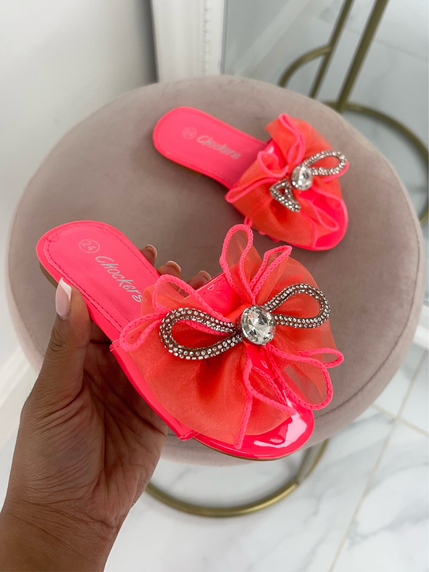 Baby Henney - Pink Organza Bow and Silver Detail Slip On Sandals
