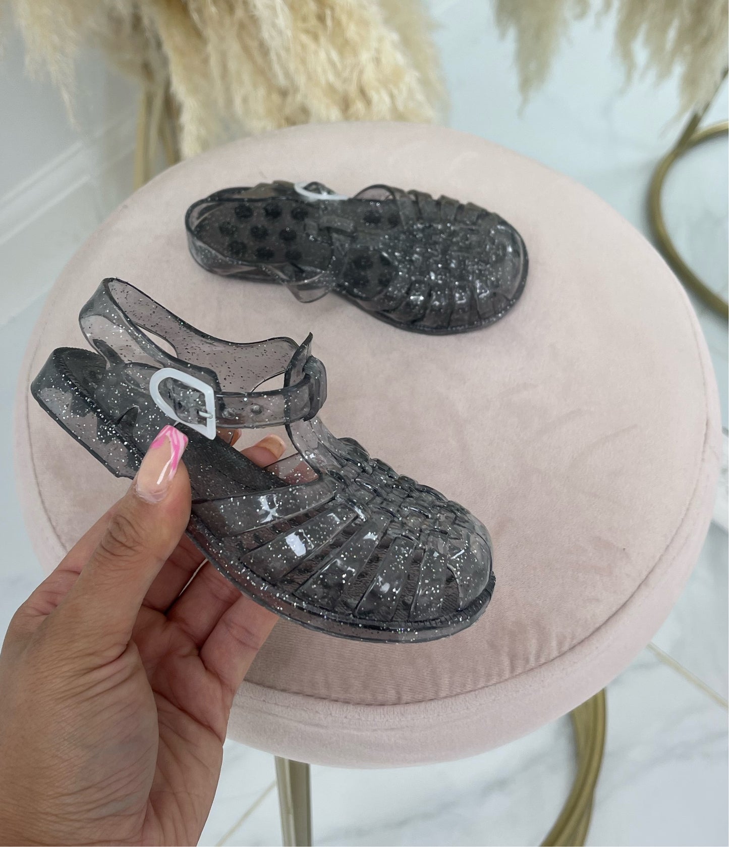 Baby Bella - Black Glitter Kids Jelly Strap On Sandals