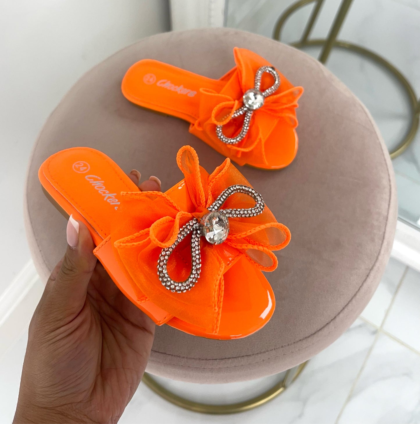 Baby Henney - Orange Organza Bow and Silver Detail Slip On Sandals