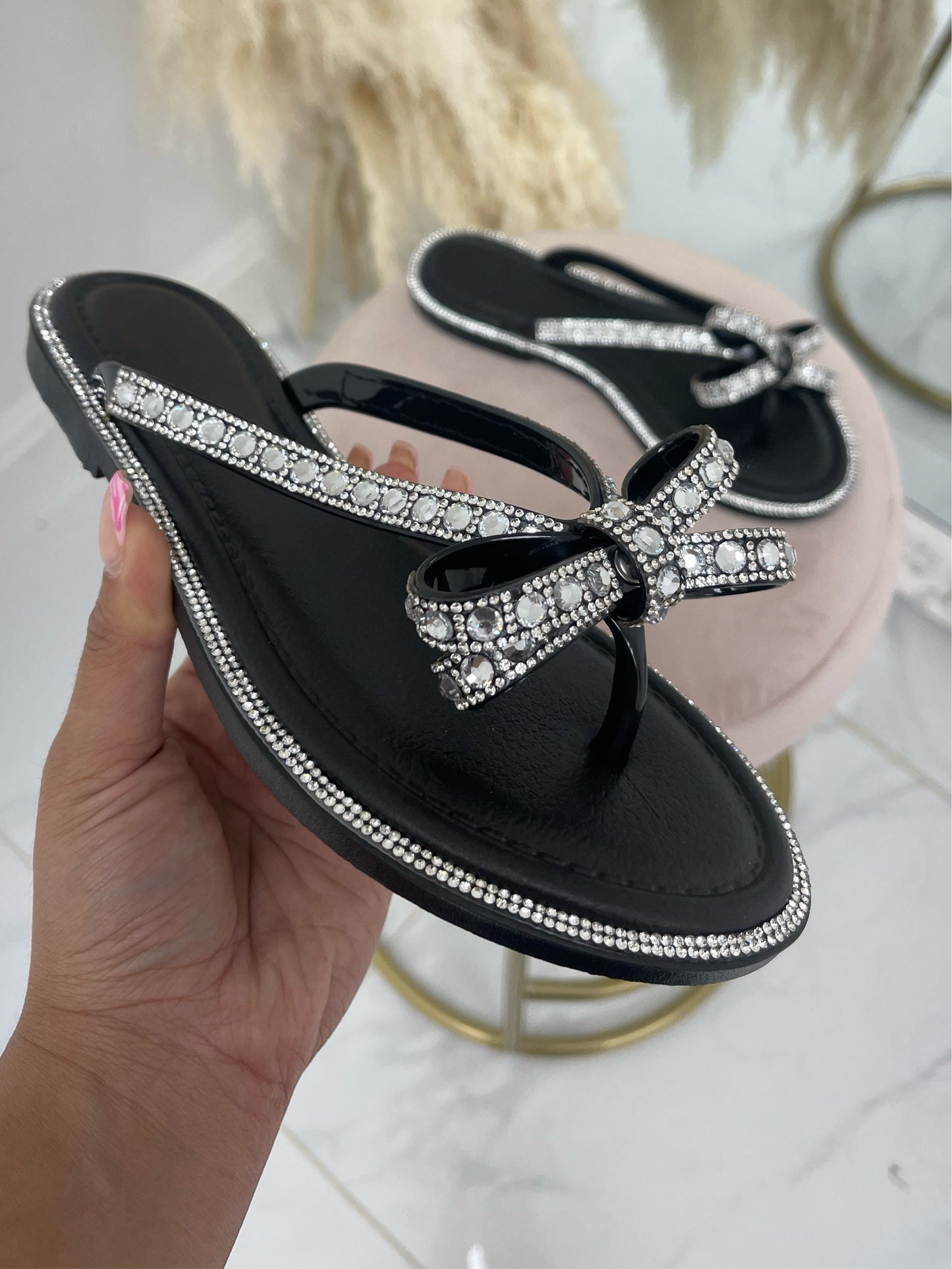 Rochelle - Black Diamanté Bow Flat Flip Flop Sandals