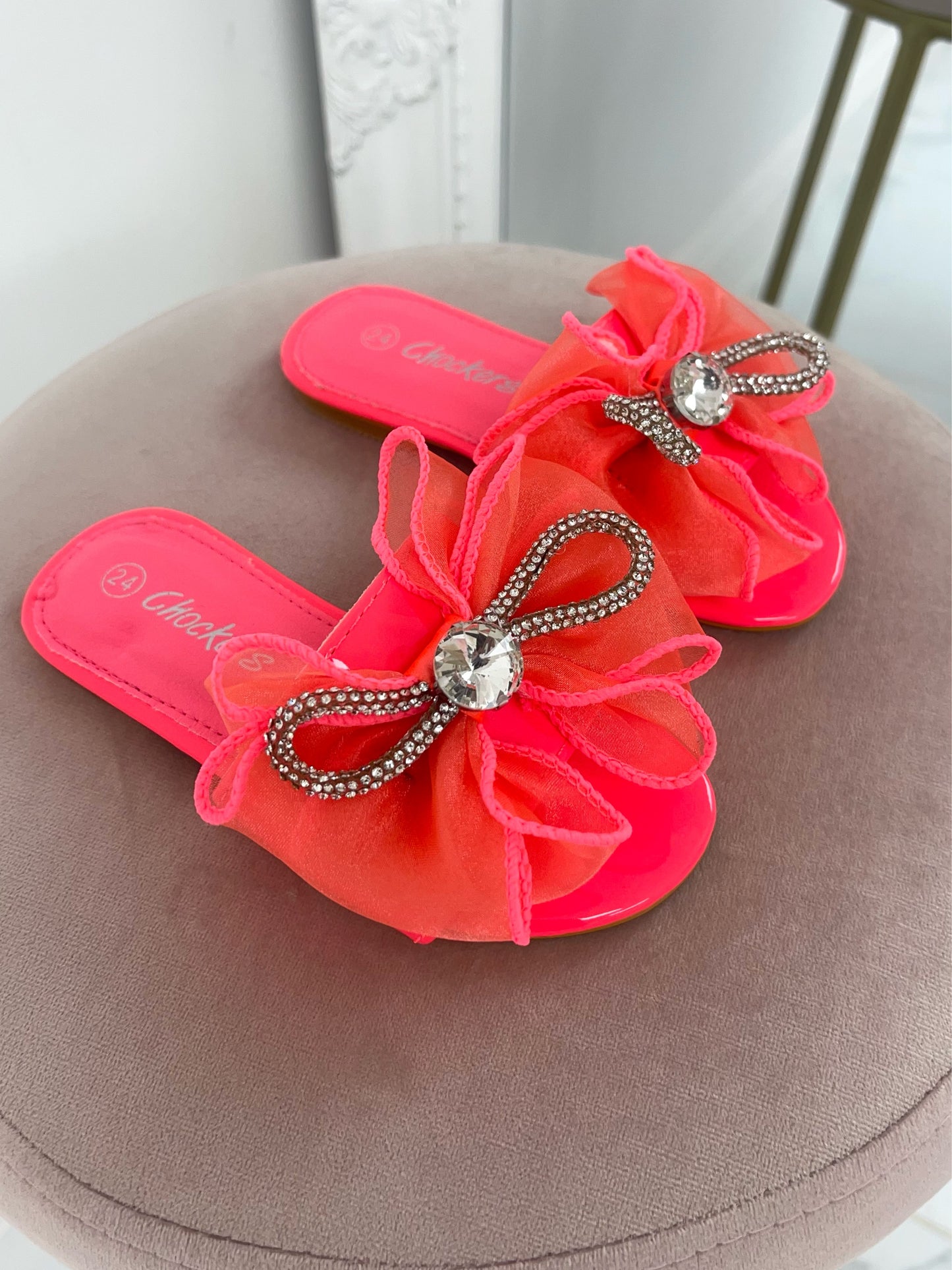 Baby Henney - Pink Organza Bow and Silver Detail Slip On Sandals