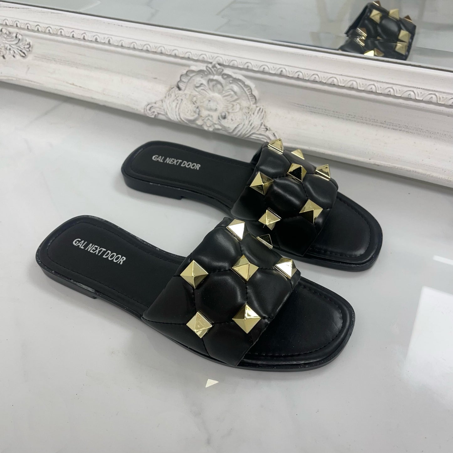 Zoella - Black Gold Studs Quilted Sandals