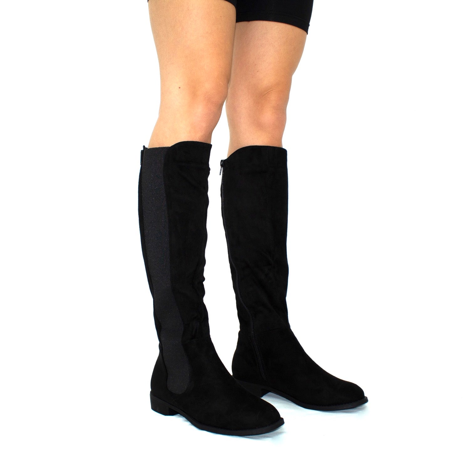 Kellie Black Faux Suede with Lycra Stretch Gusset Knee High Boots Gal Next Door