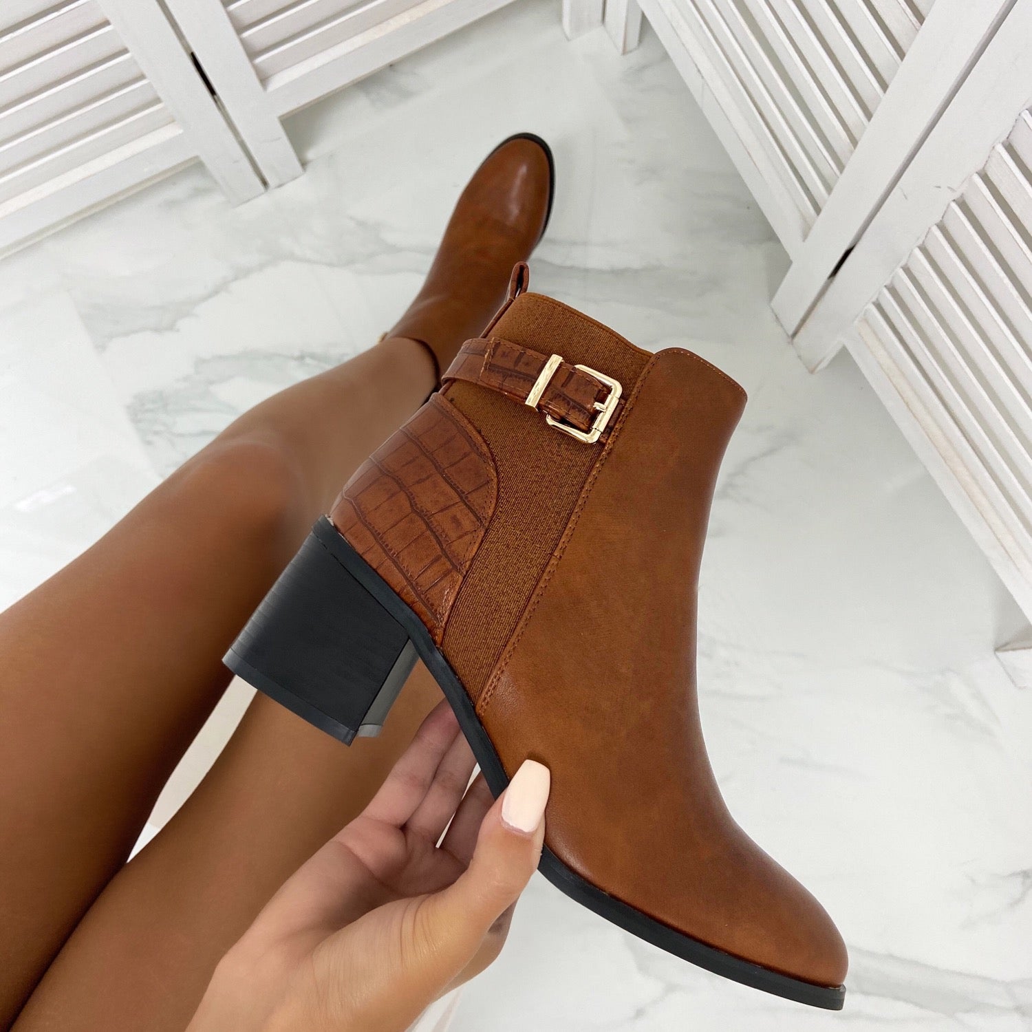 Tan block heel ankle boots on sale