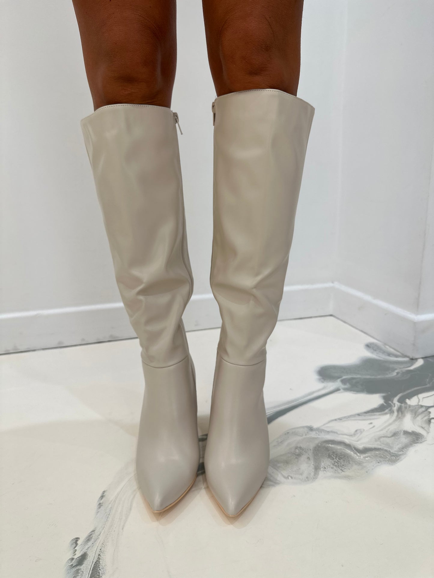Roma - Cream Faux Leather Knee High Block Heel Boots