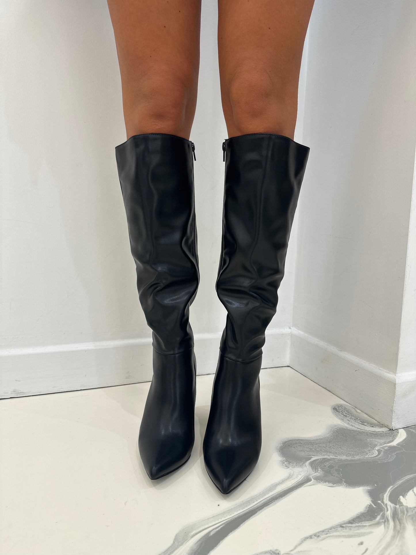Roma - Black Faux Leather Knee High Block Heel Boots