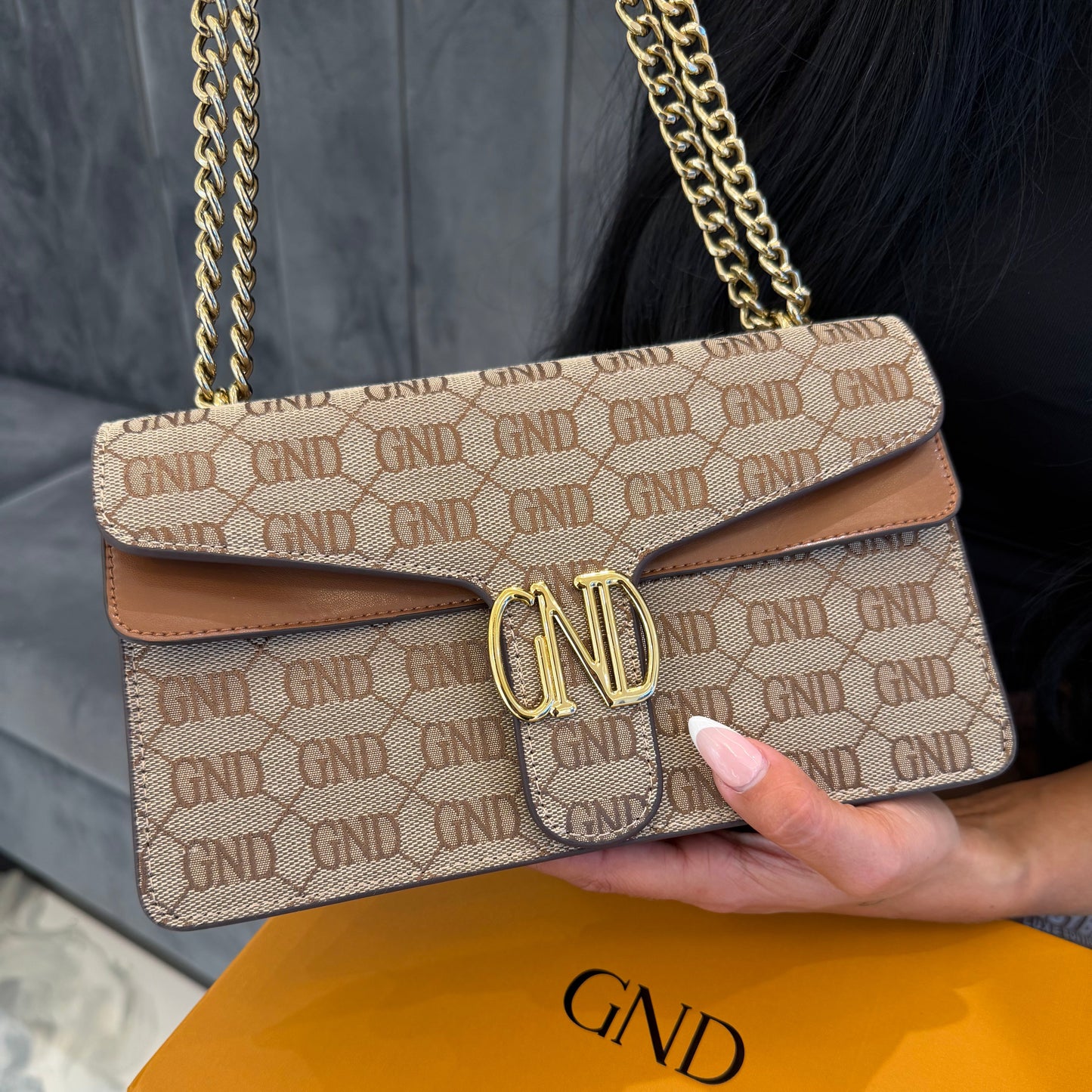 GND Beige & Tan Long Chain Crossbody / Shoulder Bag