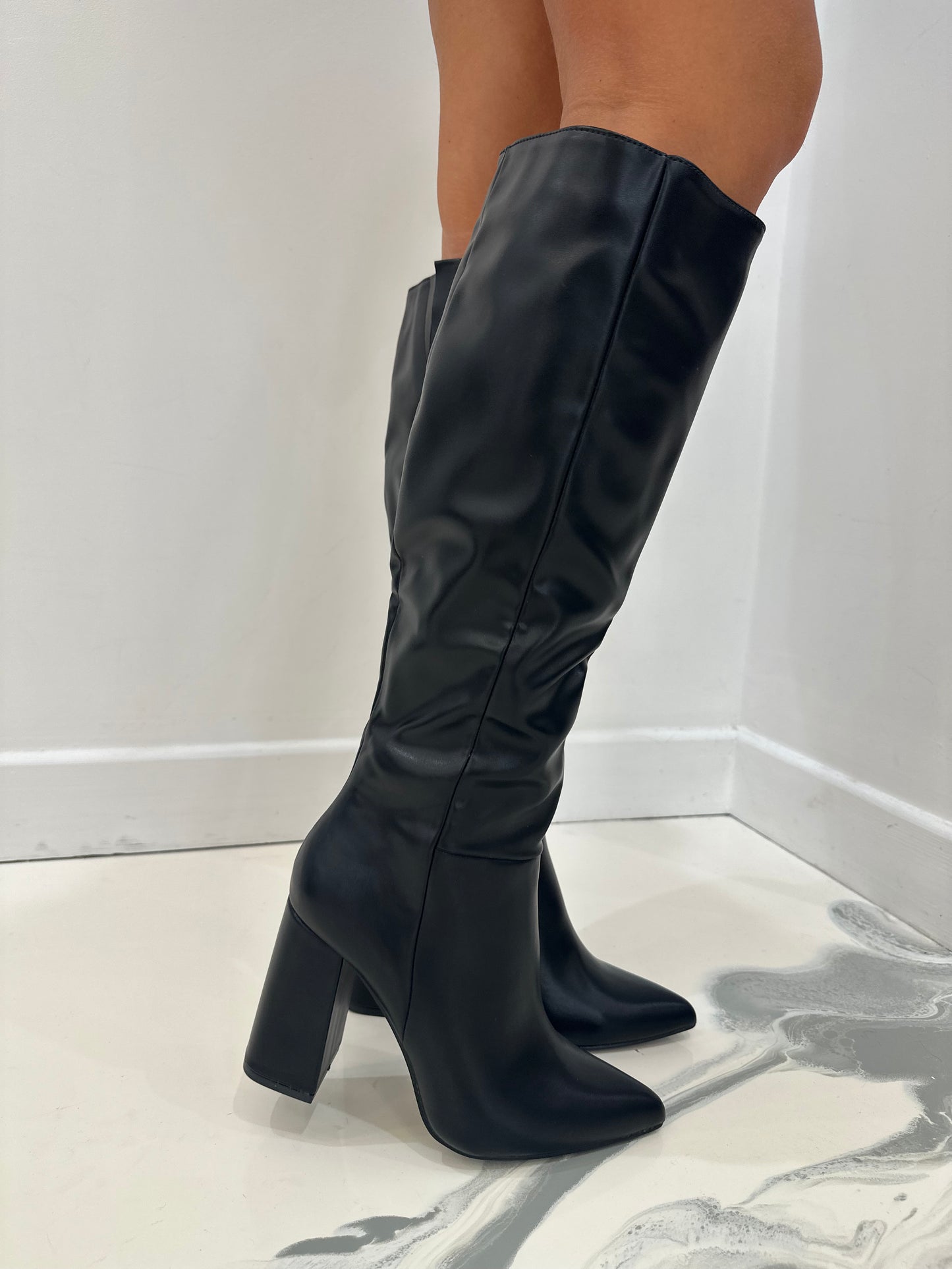 Roma - Black Faux Leather Knee High Block Heel Boots