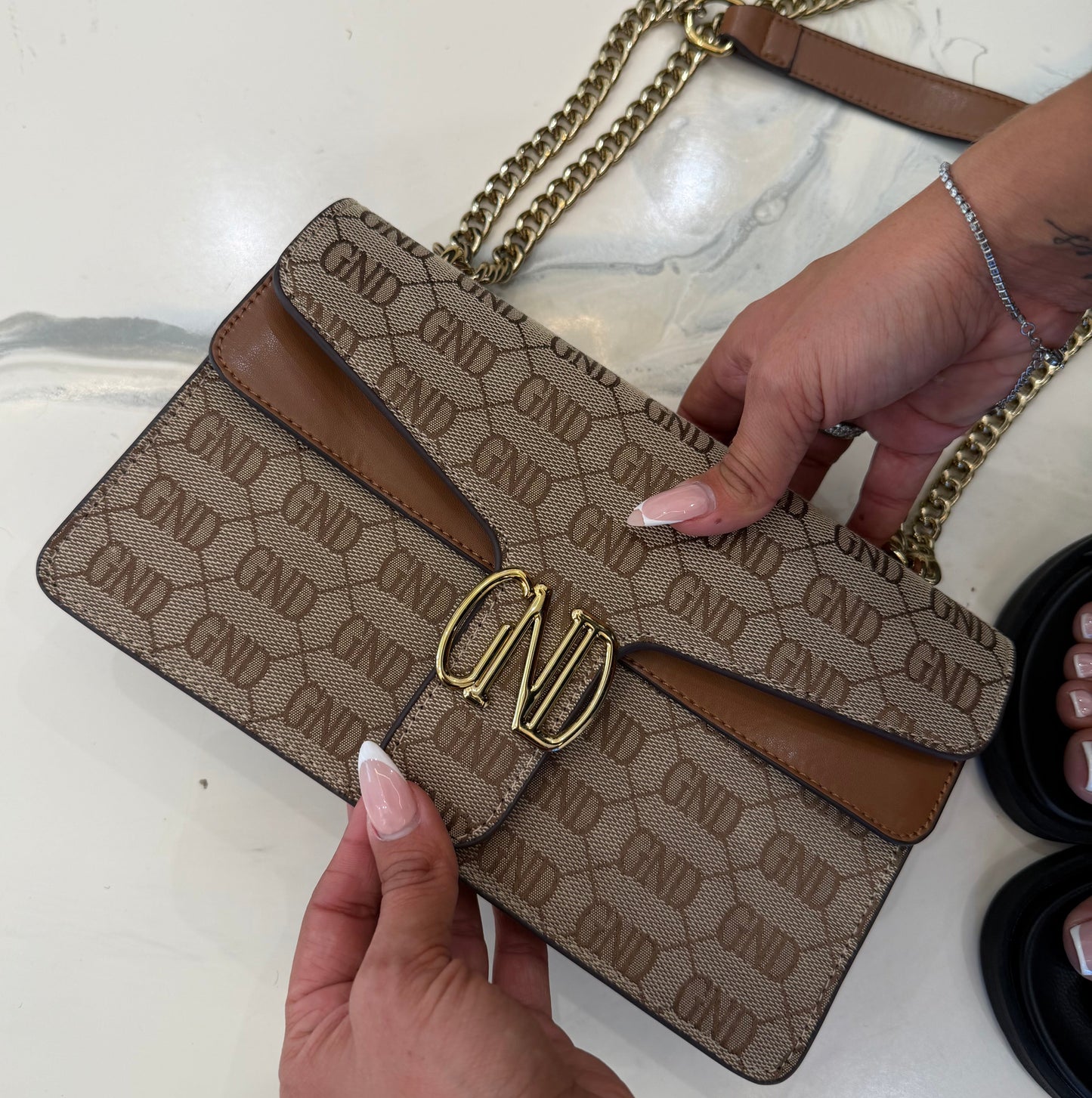 GND Beige & Tan Long Chain Crossbody / Shoulder Bag