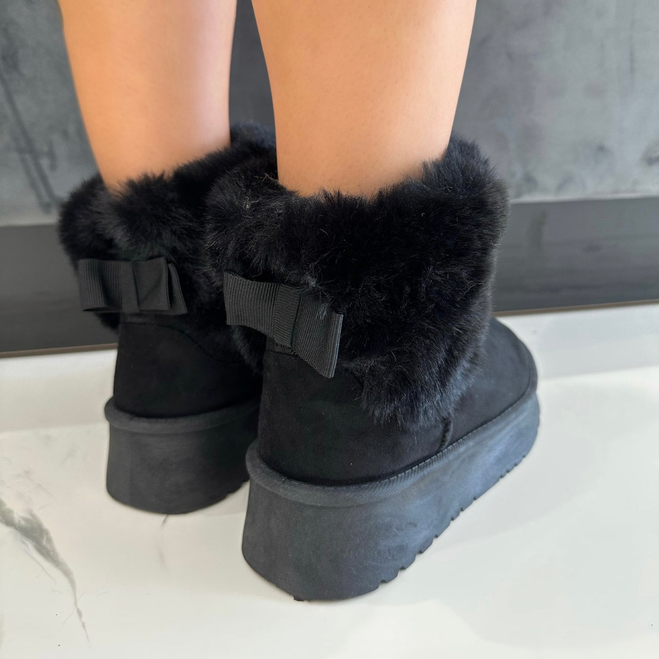 Talliah - Black Chunky Platform Faux Fur Boots