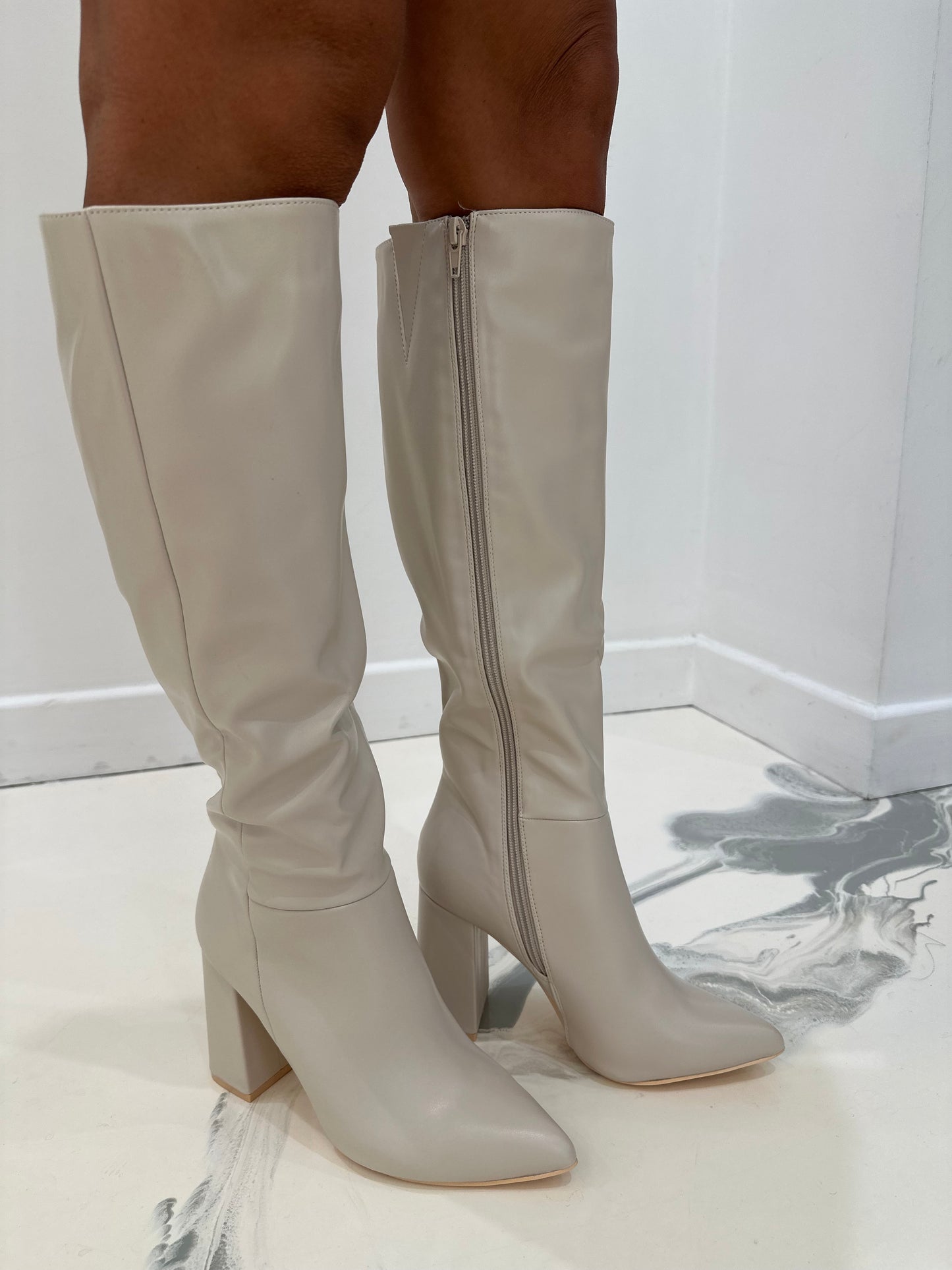 Roma - Cream Faux Leather Knee High Block Heel Boots