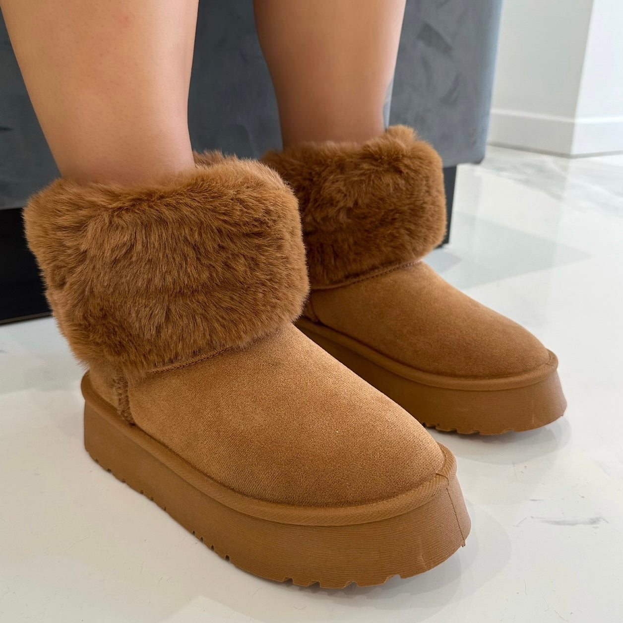 Talliah - Chestnut Chunky Platform Faux Fur Boots