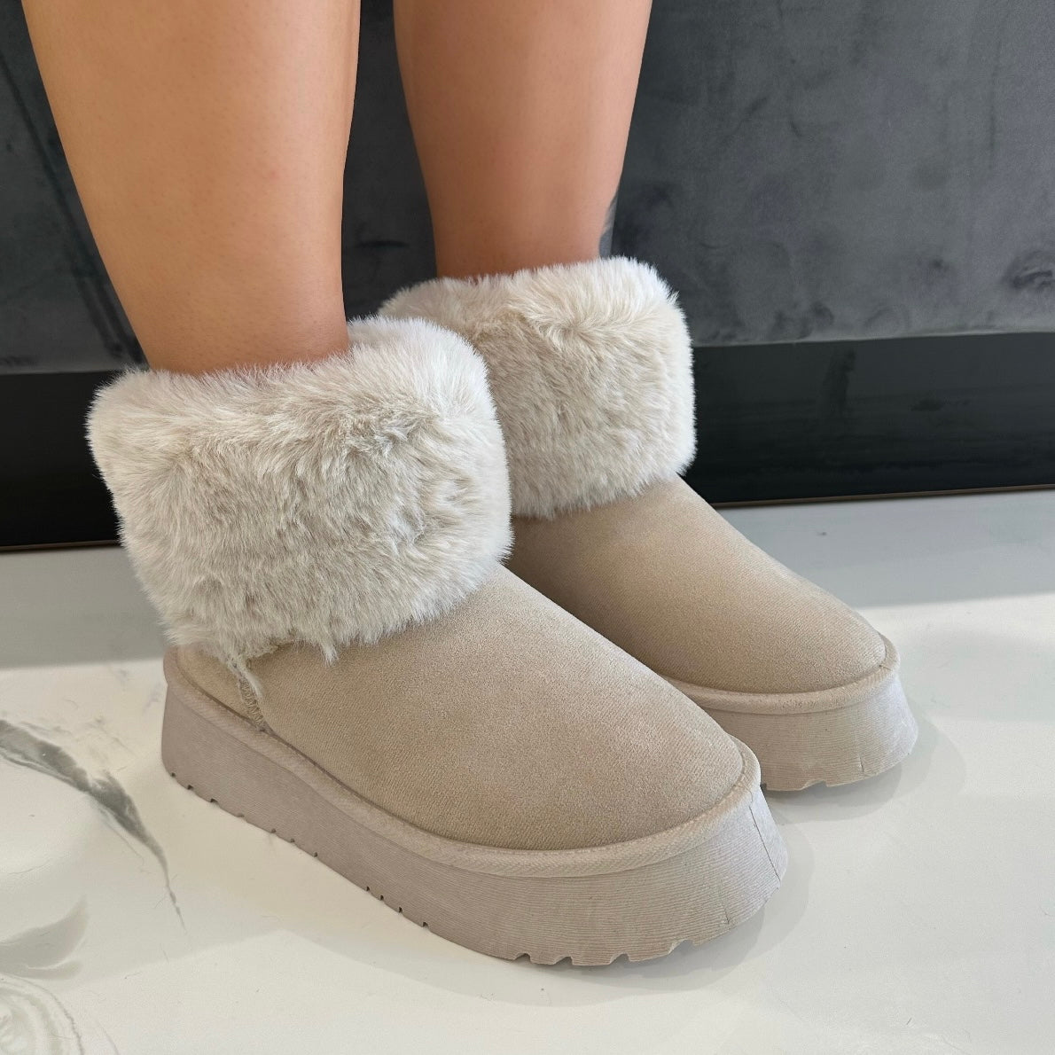 Talliah - Cream Chunky Platform Faux Fur Boots