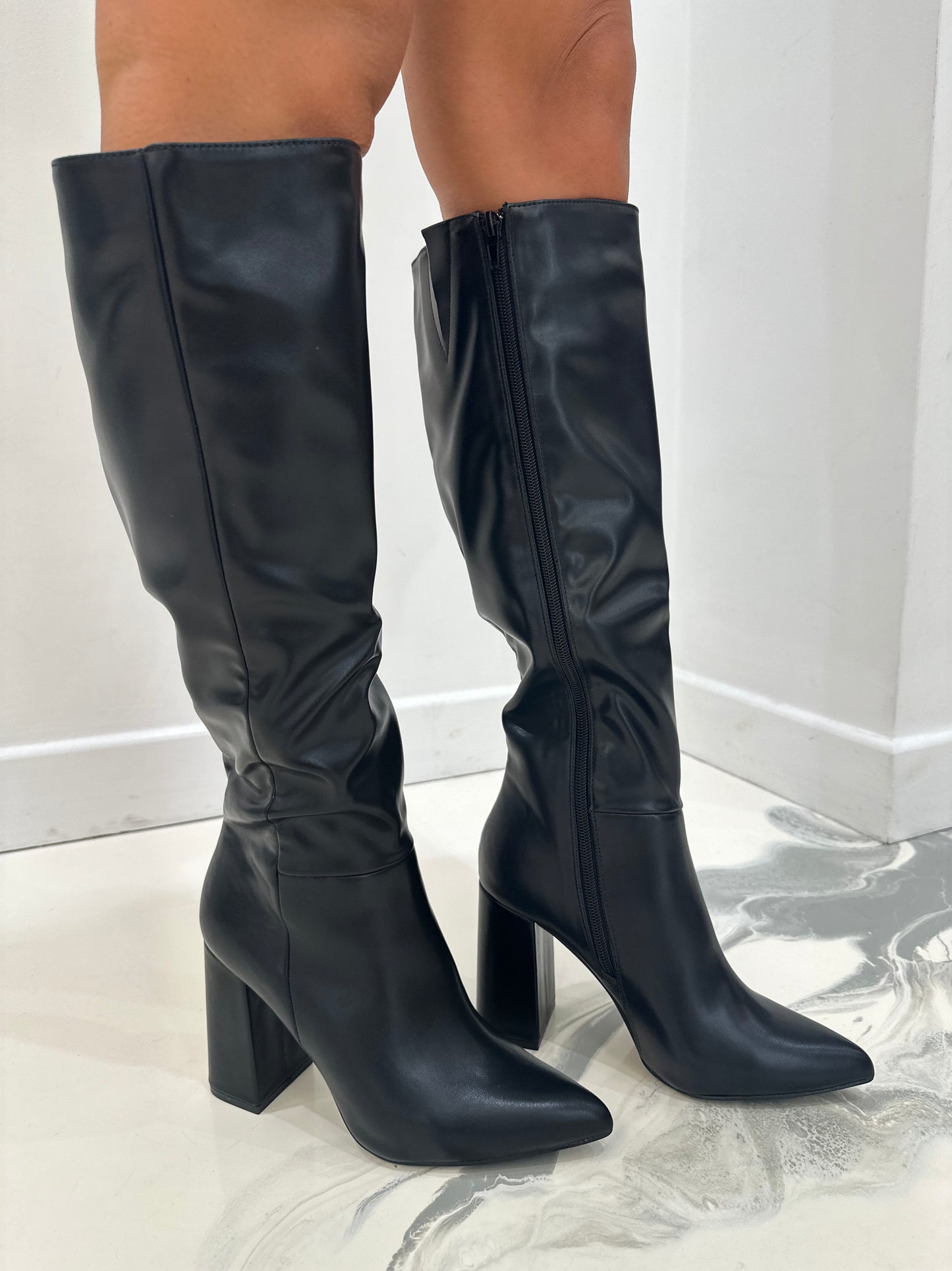 Roma - Black Faux Leather Knee High Block Heel Boots