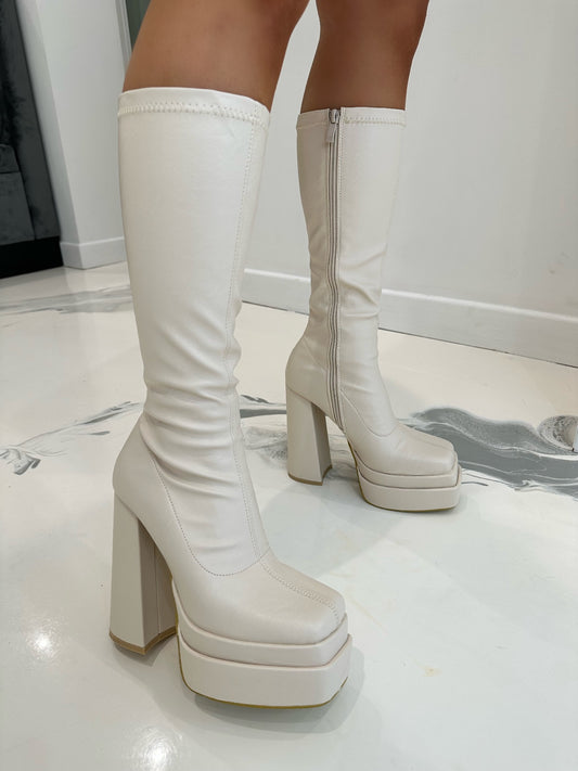 Patricia - Cream Faux Leather Square Toe Mid Length Boots