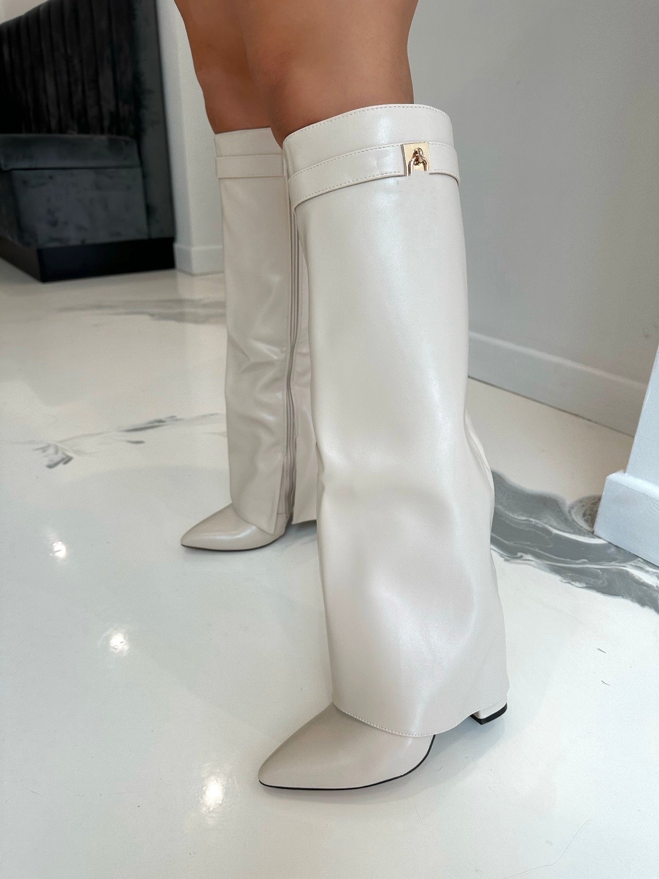 Elisha - Cream Faux Leather Lock Detail Knee High Block Heel Boots