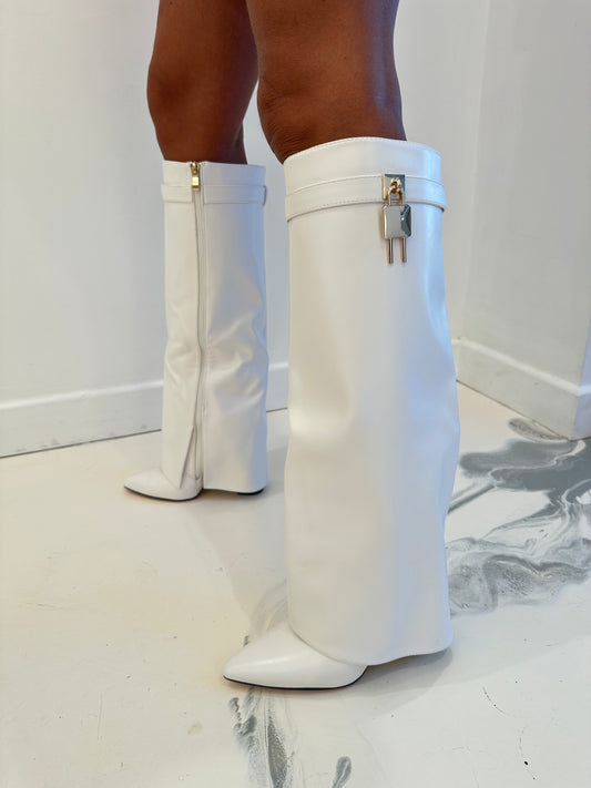 Elisha - White Faux Leather Lock Detail Knee High Block Heel Boots