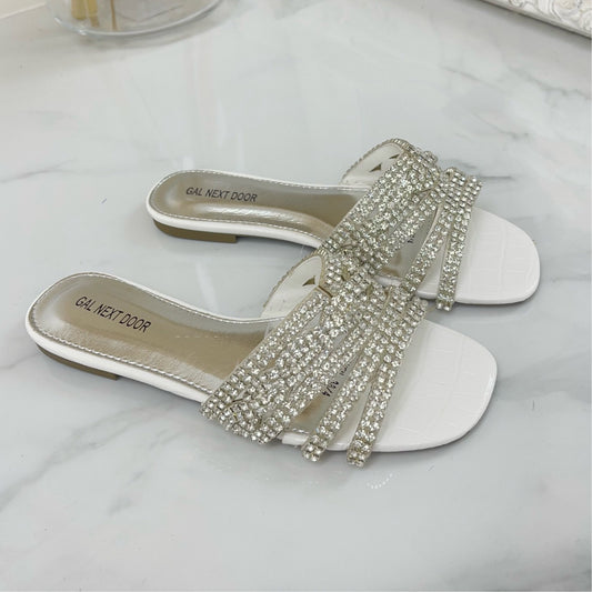 Priyanka - White Croc Print With Silver Diamante Detail Slip On Sandals