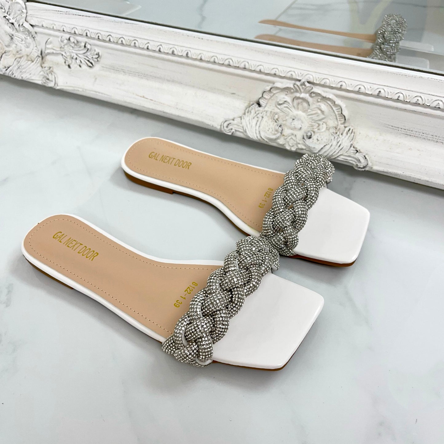 Royalty - White with Diamanté Plaited Detail Square Toe Slip On Flat Sandals