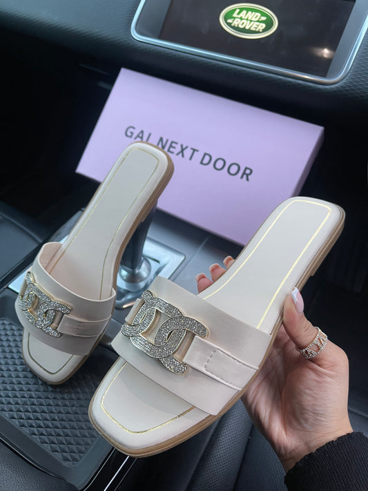 Pixie - Beige With Diamante Detail Slip On Sandals