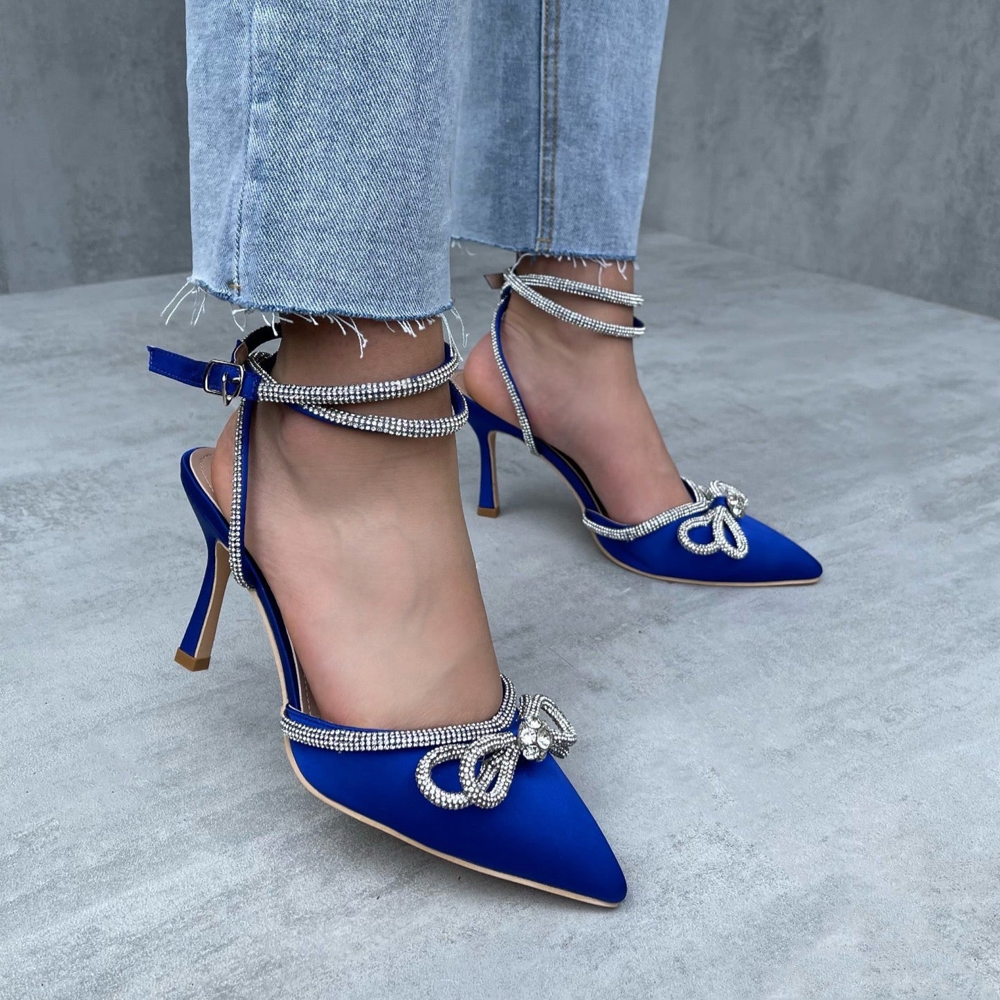 Francesca - Blue Wrap Around Diamante Bow Pointed Toe Mid Heels