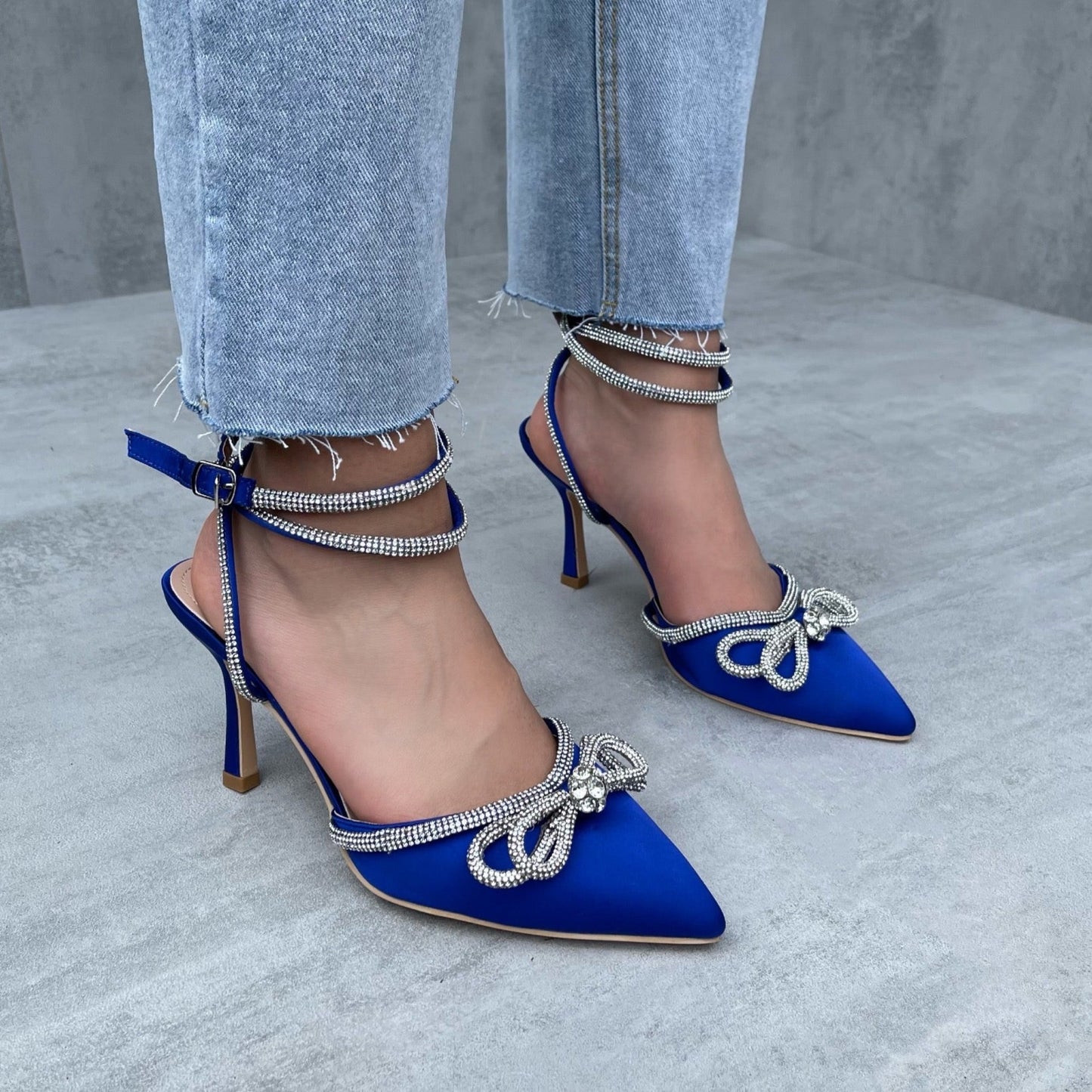 Francesca - Blue Wrap Around Diamante Bow Pointed Toe Mid Heels