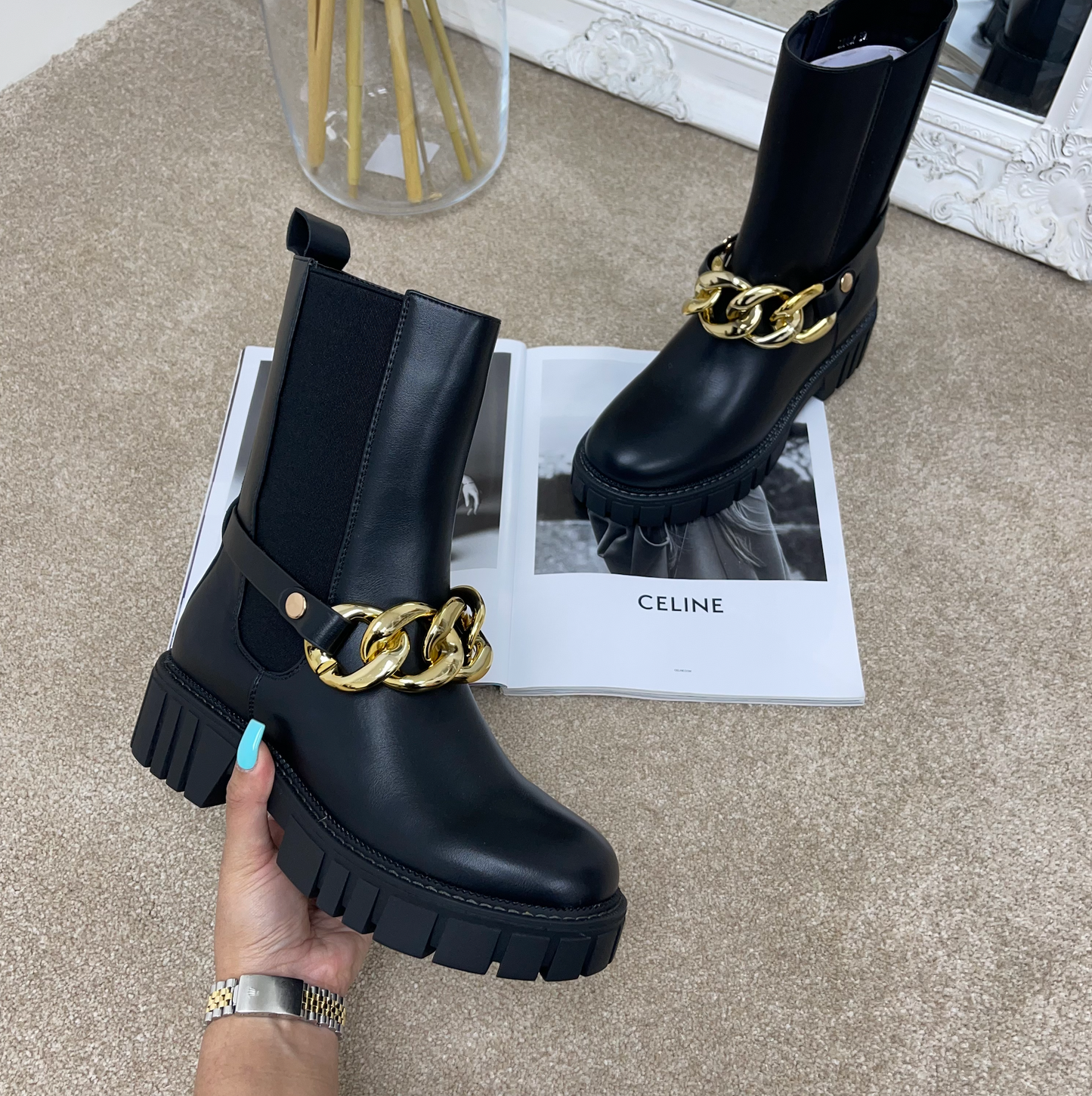 Riley - Black Faux Leather Gold Chain Ankle Boots