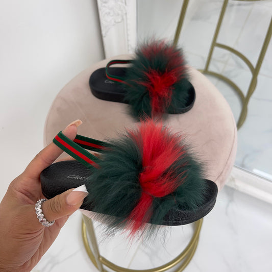 Baby Celine- Red & Green Faux Fur Sliders