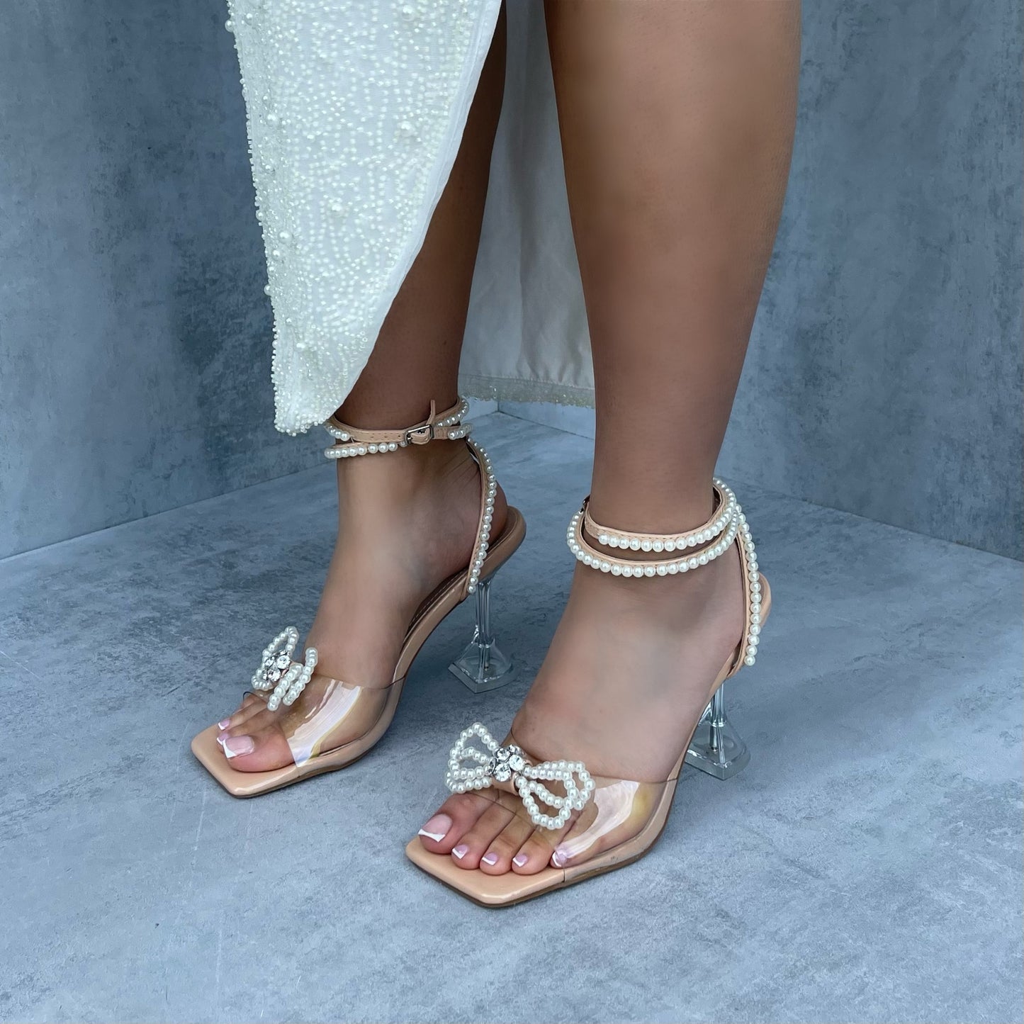 Emma - Nude Wrap Around Pearl Bow Square Toe Pyramid Heels