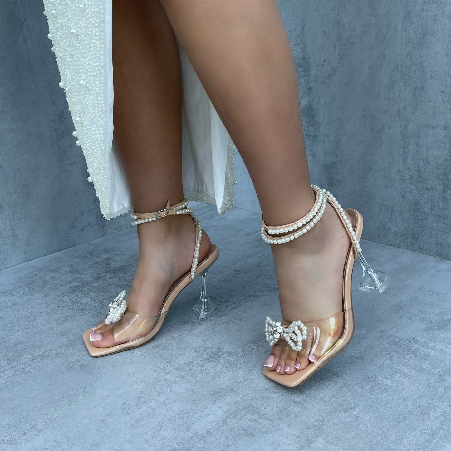 Emma - Nude Wrap Around Pearl Bow Square Toe Pyramid Heels