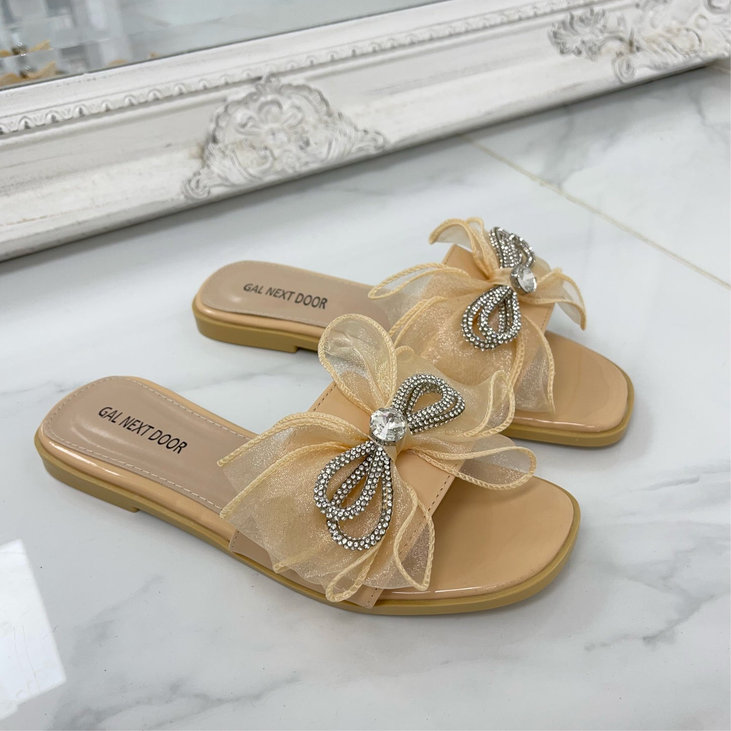 Henney - Nude Organza Bow Square Toe Silver Detail Slip On Sandals