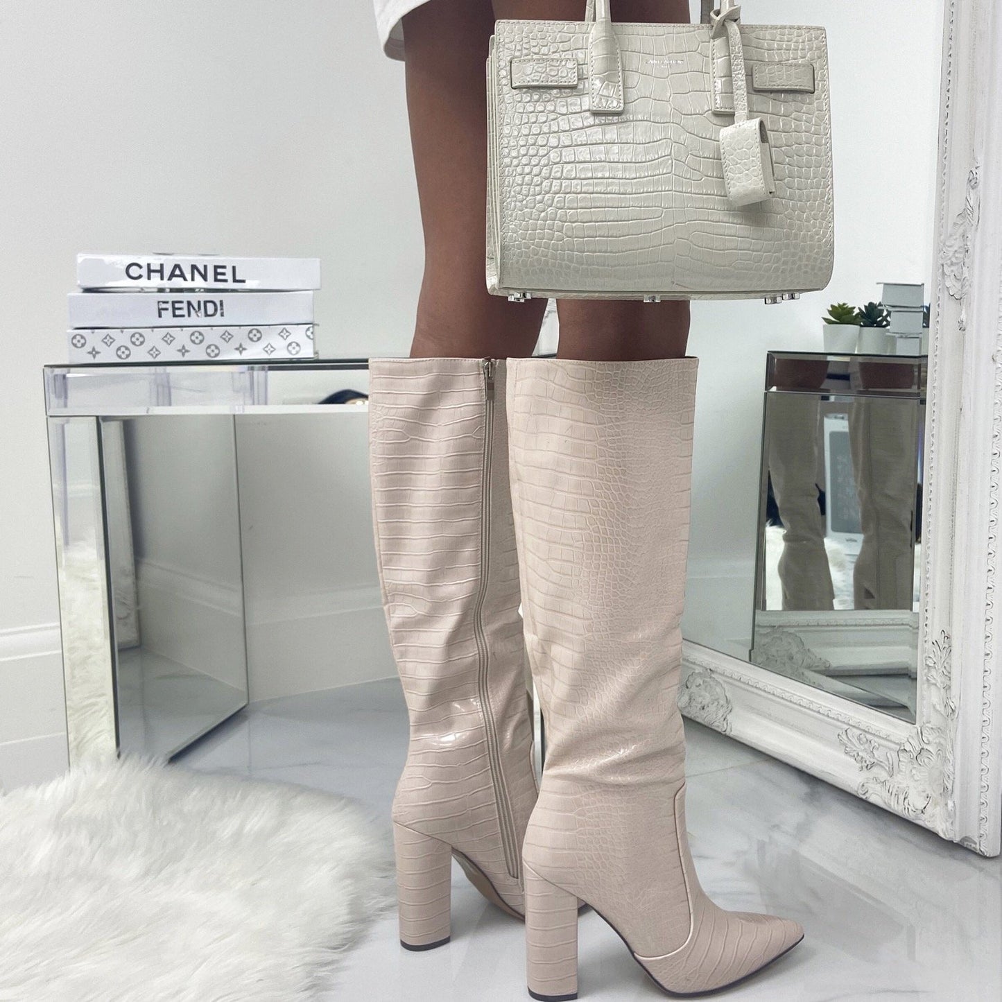 Natasha -  Beige Croc Print Knee High Pointed Toe Block Heel Boots