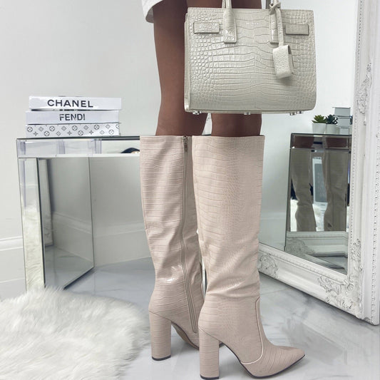 Natasha -  Beige Croc Print Knee High Pointed Toe Block Heel Boots