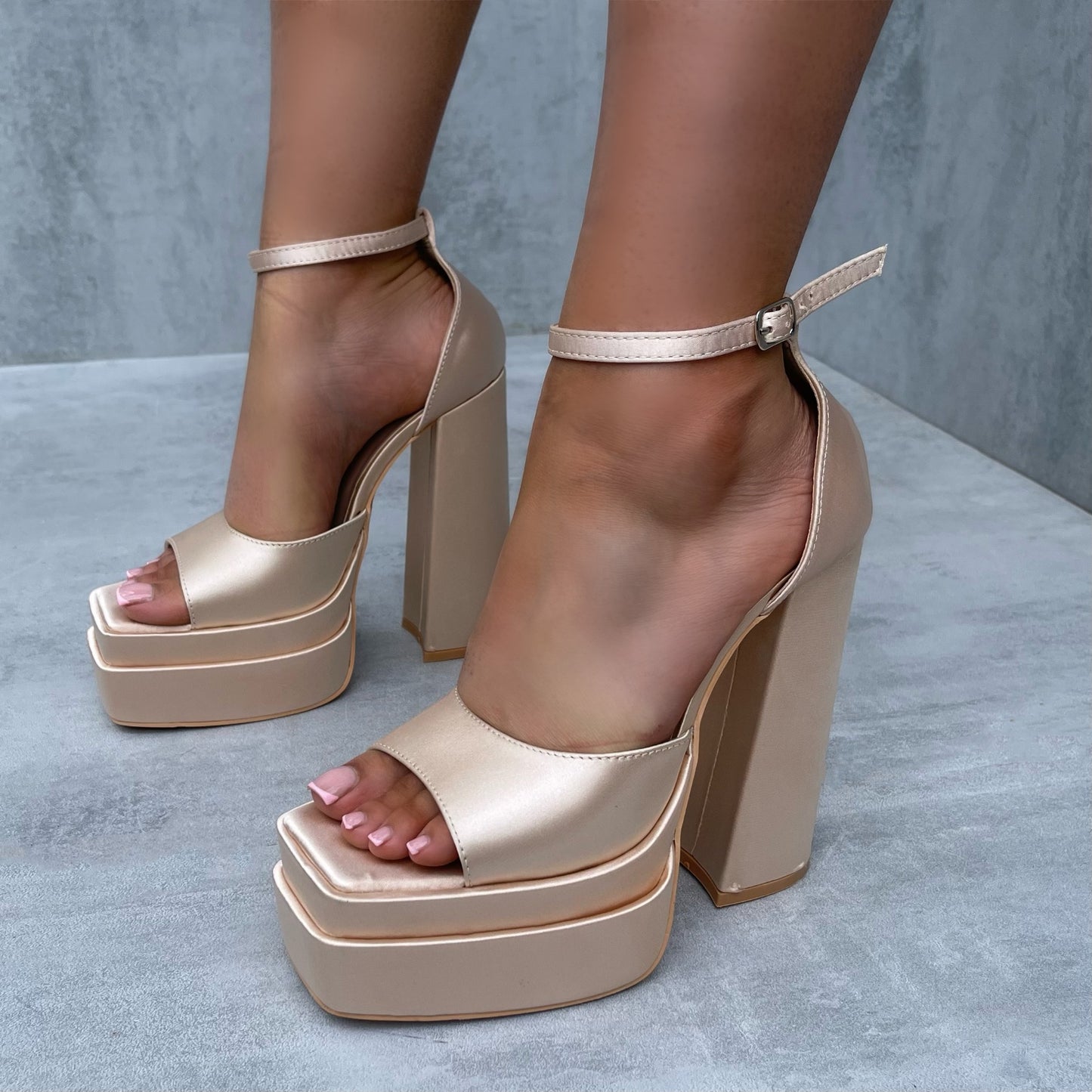 Lottie - Champagne Satin Open Toe Platform Block Heels