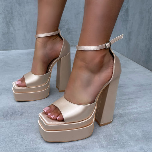 Lottie - Champagne Satin Open Toe Platform Block Heels