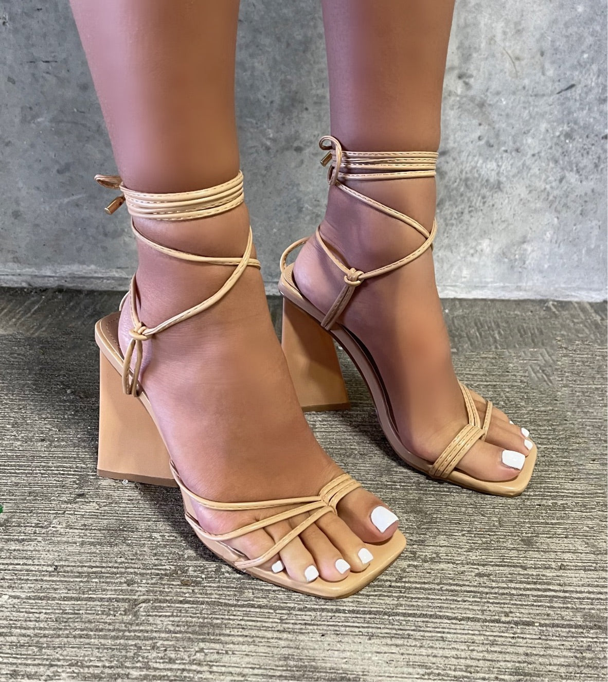 Catwalk - Nude Toe Post Tie-up Triangle Block Heels