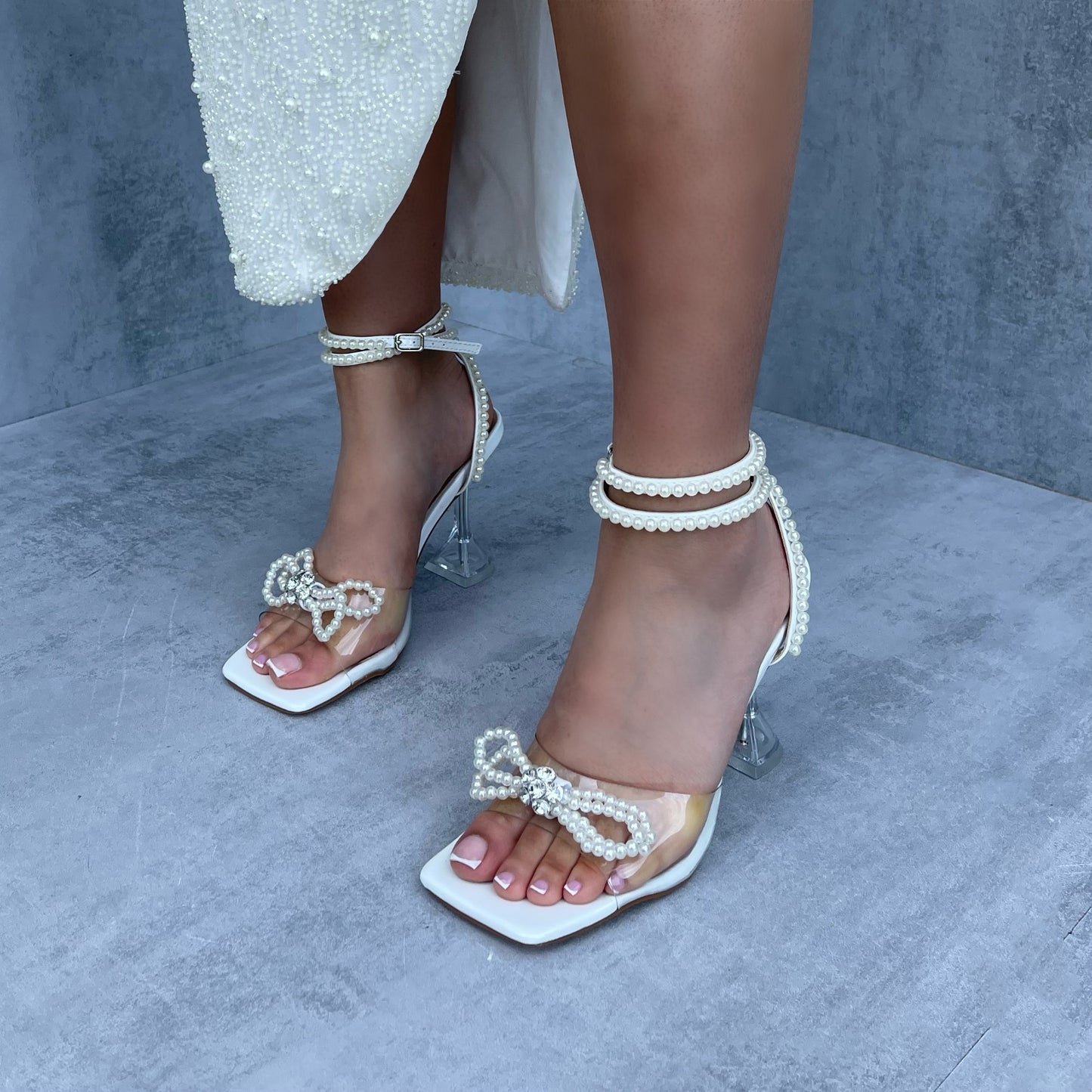 Emma - White Wrap Around Pearl Bow Square Toe Pyramid Heels